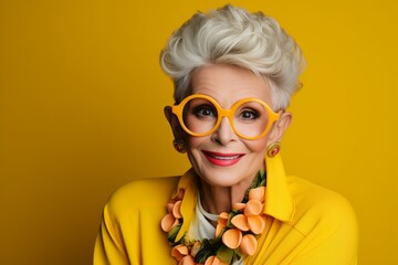 Wall Mural - Portrait of beautiful senior woman in glasses on a yellow background.