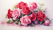 watercolor of a bouquet of red and pink roses, laying