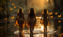 Three Young Girls With Butterflies Walking In Water In The Sunset From The Back, Modern Fairytale Photography, Young Pixies In The River
