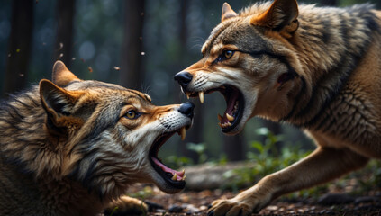 Two wolves fight each other.