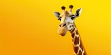 Fototapeta  - A cartoon giraffe character with a long neck, playfully pointing to the left, on a vibrant yellow background