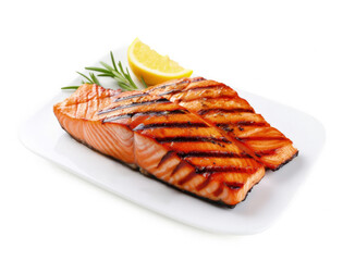 Poster - A grilled salmon fillet isolated on white background 