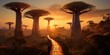 Baobabs at sunset. Beautiful landscape of trees of tropical Africa. Generative AI