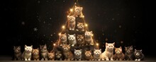Pile Of Kittens Banner With Copy Space. Christmas Tree Made Of Cats And Lights. Animal Shelter Christmas Tree With Hope For New Home