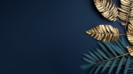  botanical Tropical leaves gold and palm leaves on a navy blue background 