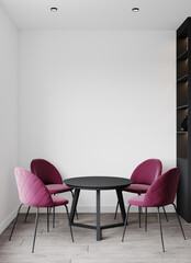 Wall Mural - Dining room in white and accent pink colors chairs. Mauve and violet with black shelves details. Minimalistic trend design. Modern room with empty walls. Menu template or blank scene. 3d rendering 