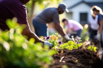 Diverse group of neighbors engaging in neighborhood cleanup, gardening or community event. Relaxing and enjoyable gardening activity with people planting. We culture social trend
