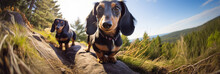 The Two Dachshunds Look Curious As They Discover The Hidden Camera In The Outdoors. Beautiful Panoramic Animal Portrait With Fisheye Effect And Selective Focus, Ideal As Web Banner Or In Social Media