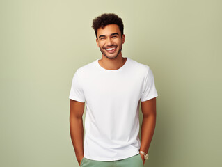 a young male model wearing a blank T shirt for use as mockup with blank background