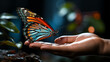a butterfly leans on a woman hand. butterfly flies free from a woman hand. generative ai