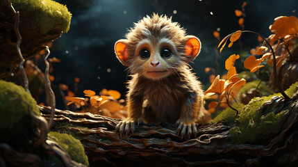 Wall Mural - A cute monkey lives in a natural forest. Cute baby monkey playing. generative ai