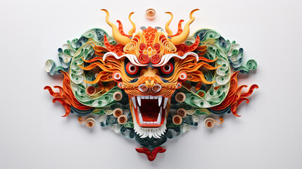 Wall Mural - Intricate Asian dragon, paper quilling technique, flat lay design