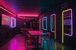 Bar interior with vibrant neon lights -atmospheric and stylish ambiance. Lighting enhances the modern futuristic aesthetic, lively and visually appealing setting for socializing and enjoying drinks.