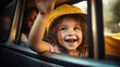 Happy children waving hand out car window. Road trip vacation travel wallpaper background