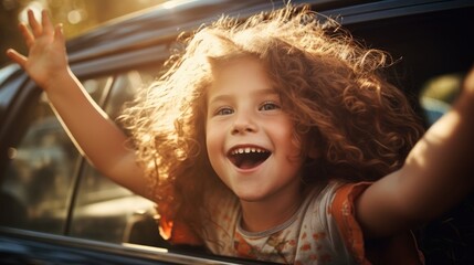 Happy children waving hand out car window. Road trip vacation travel wallpaper background