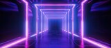 Fototapeta Do przedpokoju - Abstract fashion background with neon lit tunnel showcasing vibrant laser light colors in a virtual reality esque corridor Copy space image Place for adding text or design