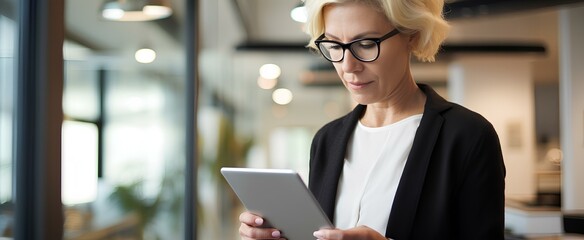 Canvas Print - Mature busy business woman financial manager using digital tablet working in office. professional businesswoman executive holding tab technology device standing at work. generative AI