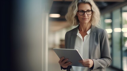 Wall Mural - Mature busy business woman financial manager using digital tablet working in office. professional businesswoman executive holding tab technology device standing at work. generative AI