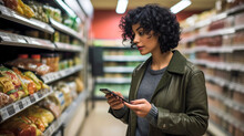 A beautiful young woman standing in the supermarket or grocery store, holding a smart mobile phone, looking at different products, comparing nutrition values and prices, customer behavior in shopping