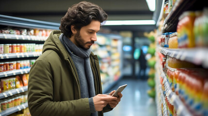 A handsome young man standing in the supermarket or grocery store, looking at his phone, comparing nutrition values for different products. Blurred shelves with groceries in the background