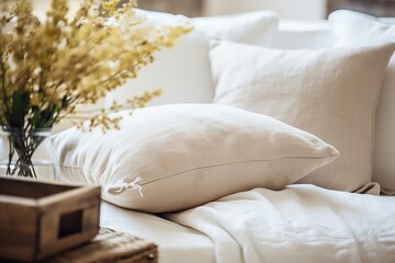 Wall Mural - White Fabric Sofa with Beige Linen Pillow near Window in French Country Modern Living Room