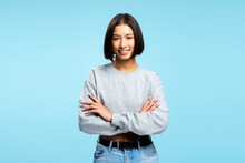 Portrait Attractive Asian Woman Wearing Stylish Casual Clothes With Crossed Arms Looking At Camera