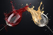 © Ivan - Two glasses of red and white wine with splash reflect one another on dark background, wine splash.generative ai