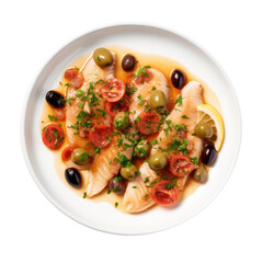 Wall Mural - A Delicious Plate of Mediterranean Sole Fish with Olives and Tomatoes Isolated on a Transparent Background