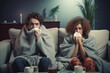 Cold couple sitting on sofa at home blowing nose and covered with blanket.Virus, cold and flu theme.generative ai