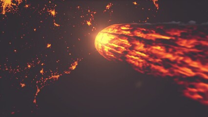 Wall Mural - massive giant asteroid burning toward earth continent at night cinematic view of meteor burning clos