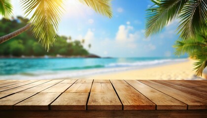 Wall Mural - empty wooden table on a beautiful blured tropical beach background generative ai summer holiday background for product display