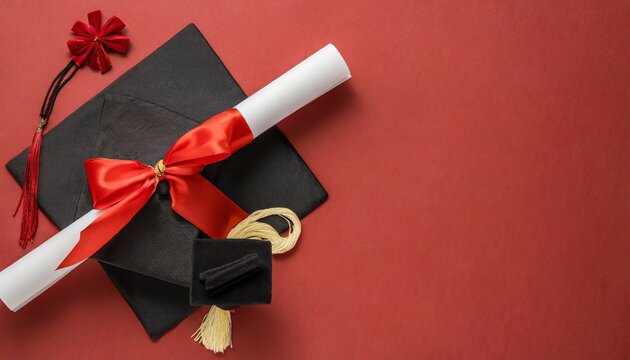 top view of diploma with beautiful bow and graduation cap with tassel on red background