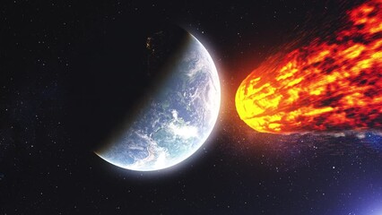 Wall Mural - large massive burning asteroid heading planet earth cinematic view of meteor burning close to impact