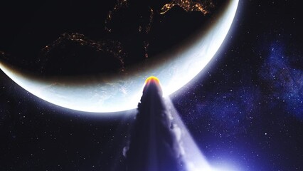 Wall Mural - burning asteroid meteor heading planet earth cinematic view of meteor burning close to impact earth,