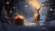 A deer stands in the snow and looks at the gifts in front of him, surrounded by a snow-covered forest, cartoon style