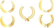 Set of laurel wreaths. Award in the form of laurel leaves in a golden silhouette, achievement, wreath, heraldry. Gold award-winning laurel wreath on a transparent background