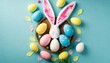 easter party concept top view photo of easter bunny ears white pink blue and yellow eggs on pastel blue background with copyspace in the middle