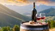 a bottle of red wine and glasses stand on a wooden barrel against the backdrop of mountains banner