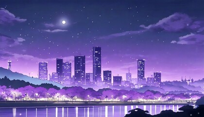 Sticker - lo fi vibes night skyline chill purple shares manga anime generative ai