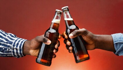 Poster - male hands with bottles of cold beer clinking on red background