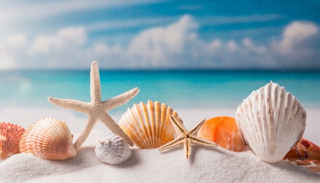 beach sea themed banner or header with beautiful shells corals and starfish on pure white sand summer concept
