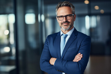 Senior businessman, Confident and successful mature man in business suit inside corporate building. High quality photo