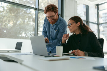 Two diverse business colleagues disscuss biz issue while use laptop in office background