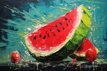 Palette Knife Textured Painting Watermelon Illustration Sliced Watermelon Close-up Of Fresh Slices Of Red Watermelon