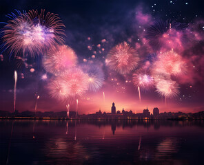 Wall Mural - fireworks  explode in the purple sky ai generative