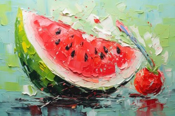 Wall Mural - palette knife textured painting watermelon illustration Sliced watermelon Close-up of fresh slices of red watermelon