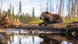 Fototapeta  - beaver builds a dam on the water generative ai