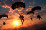 Fototapeta  - military paratroopers land with parachutes generative ai