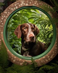 Sticker - A dog is looking through a circular window. Generative AI.