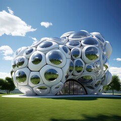 Poster - A futuristic building made of spheres, resembling a golf ball, inserted in the ground. White, glassy architecture with clear new technology. Generative AI.